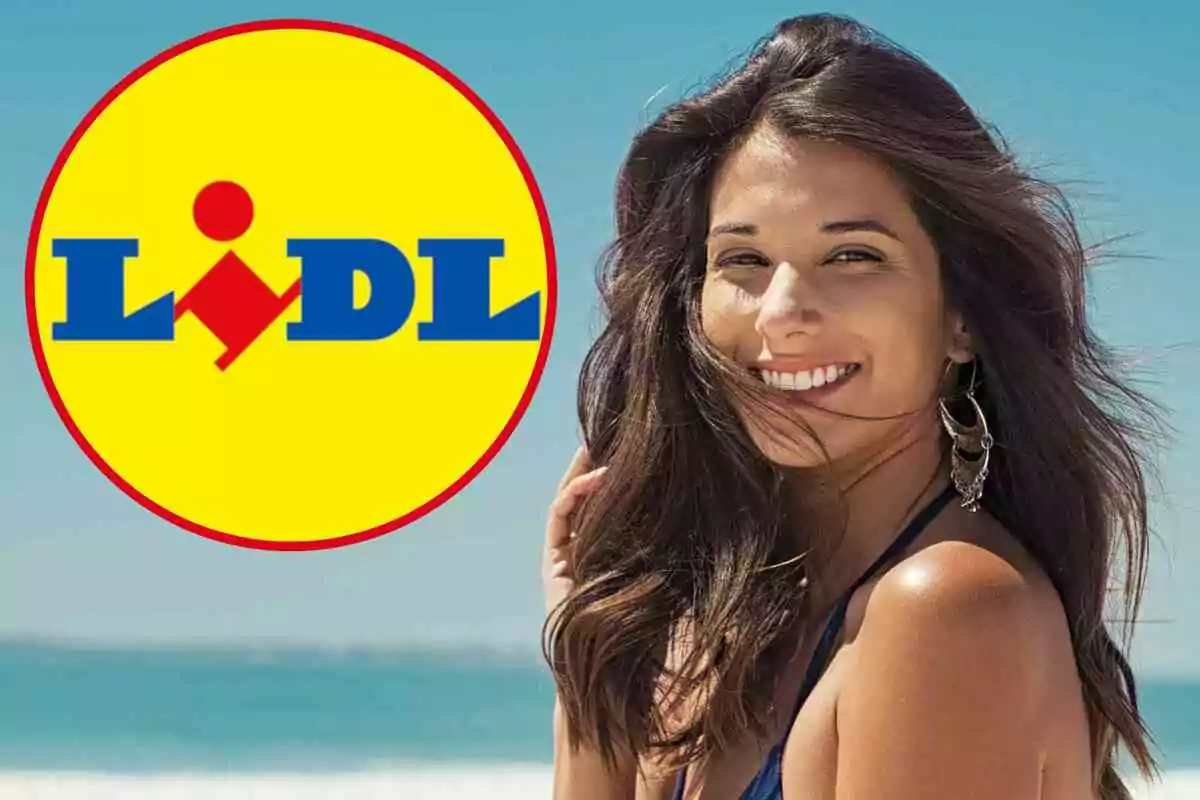 Mujer sonriente en la playa junto al logo de Lidl sobre un fondo azul y amarillo