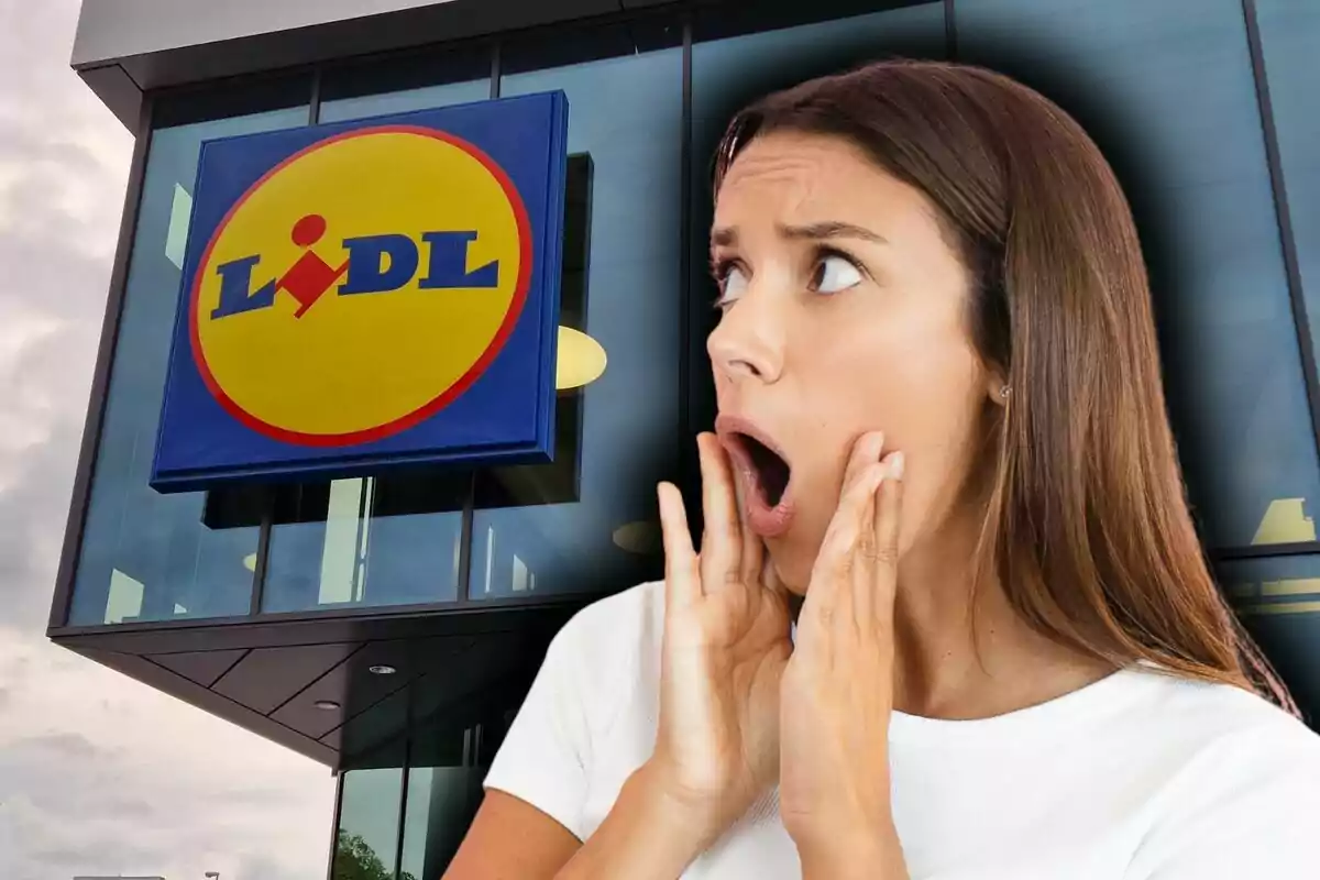 Montaje de fotos de una mujer con expresión de sorpresa frente a una tienda Lidl.