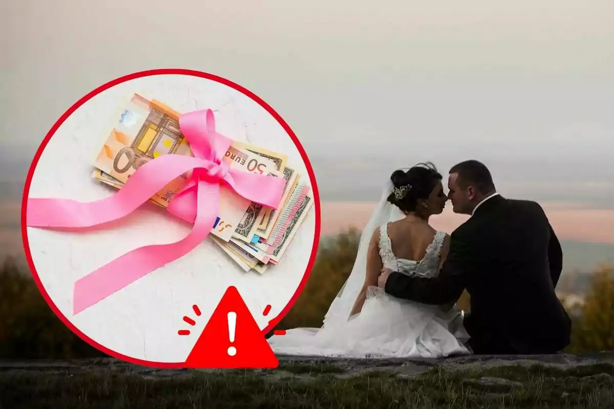 Una pareja de recién casados se besa mientras están sentados al aire libre, con una imagen superpuesta de dinero atado con un lazo rosa.