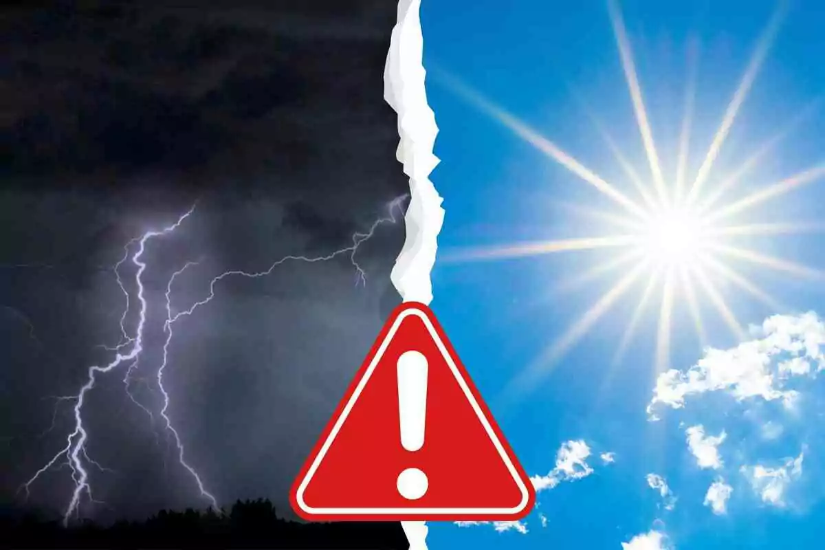 Cielo dividido entre tormenta con relámpagos y día soleado con un símbolo de advertencia en el centro