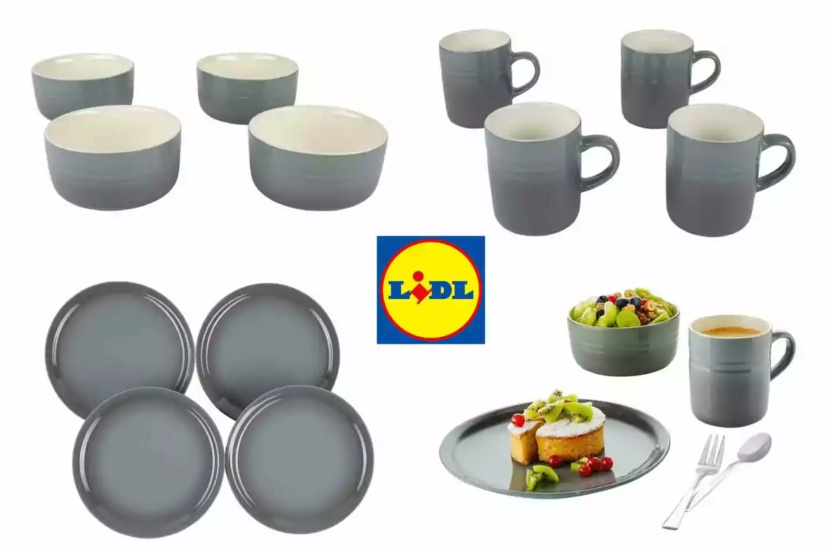 Conjunto de vajilla gris que incluye tazas, platos y cuencos, con el logotipo de Lidl en el centro. Conjunto de vajilla gris que incluye tazas, platos y cuencos, con el logotipo de Lidl en el centro.