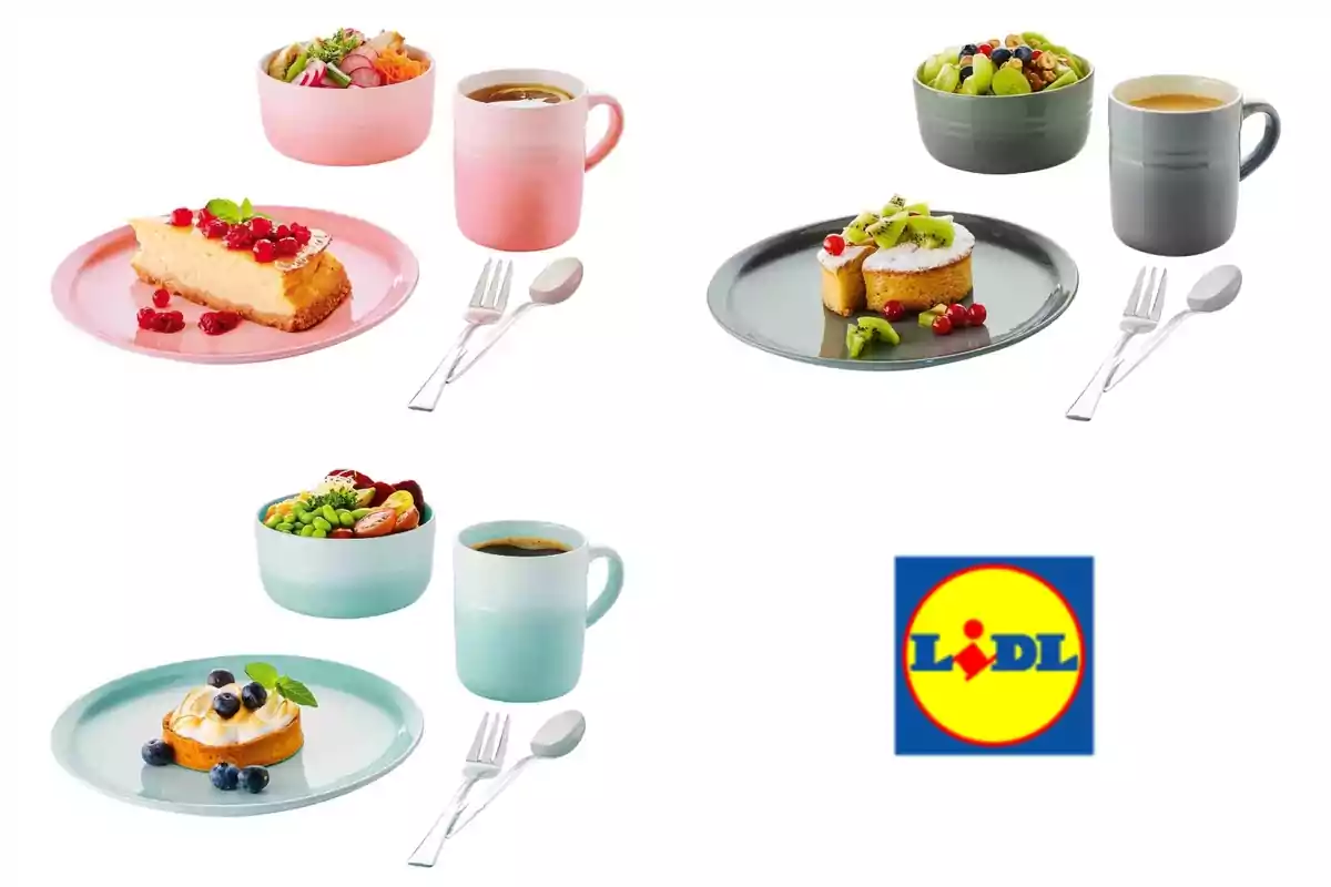 Conjunto de vajilla de colores pastel con platos, tazas y cubiertos, acompañado de postres y ensaladas, junto al logo de Lidl. Conjunto de vajilla de colores pastel con platos, tazas y cubiertos, acompañado de postres y ensaladas, junto al logo de Lidl.