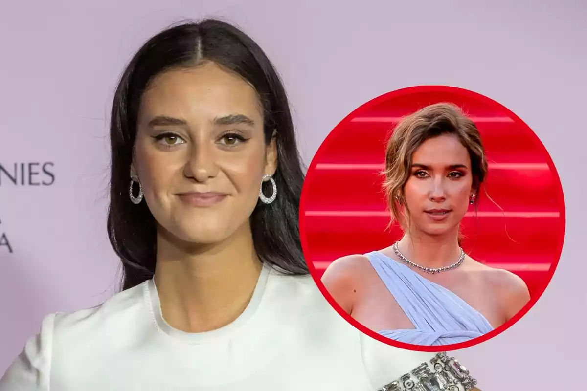 Montaje de Victoria Federica, sonriente con vestido blanco y pendientes de aros, y, en un círculo rojo, María Pombo, con vestido asimétrico, moño y collar