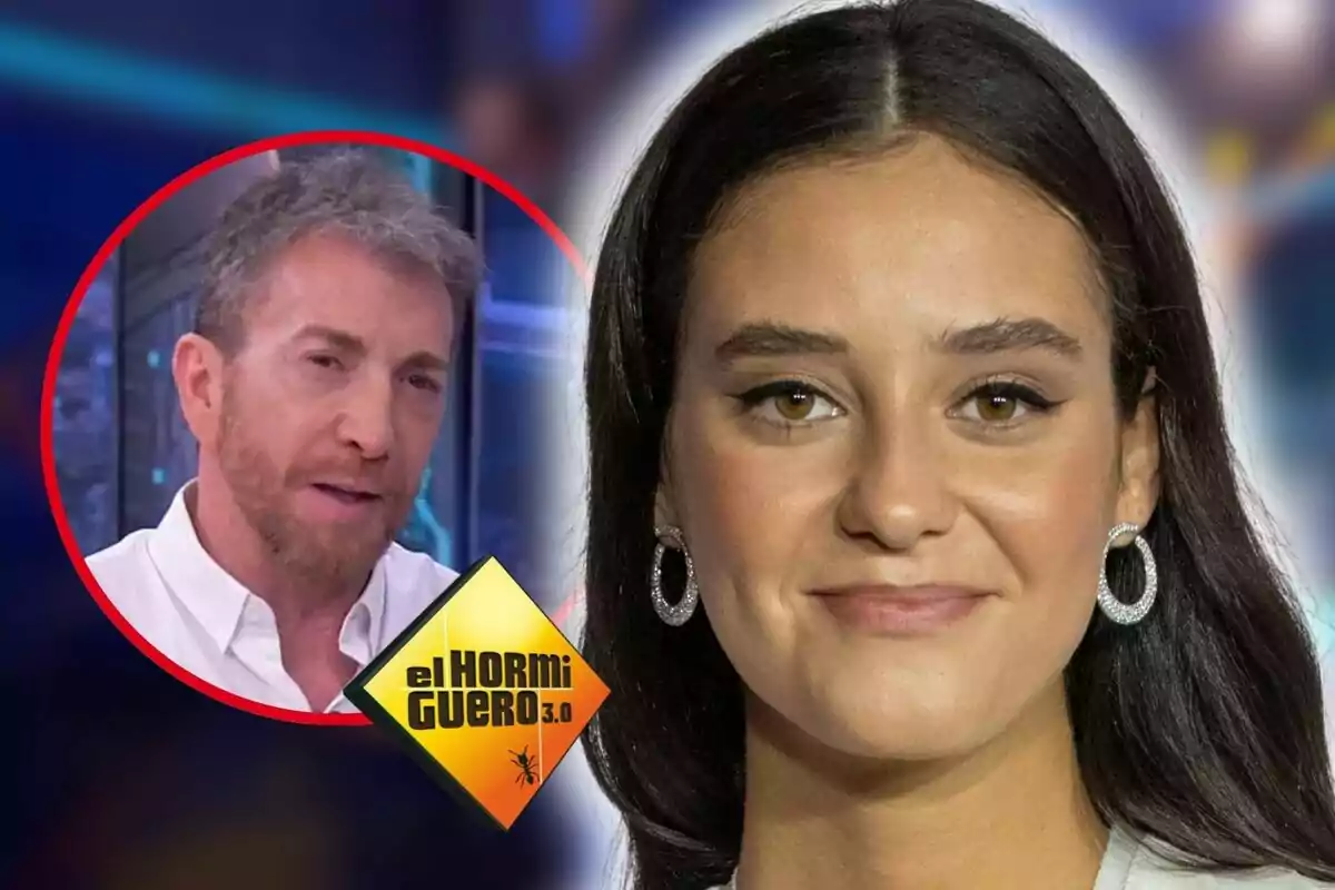 Primer plano de Victoria Federica de Marichalar con cabello oscuro y aretes brillantes, junto a una imagen circular de Pablo Motos con barba y el logo del programa "El Hormiguero 3.0".