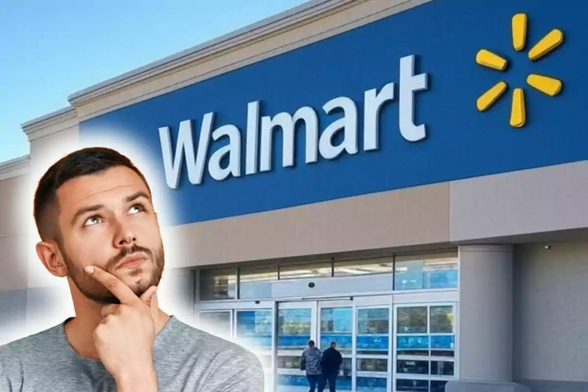 Hombre pensativo frente a la entrada de una tienda Walmart.