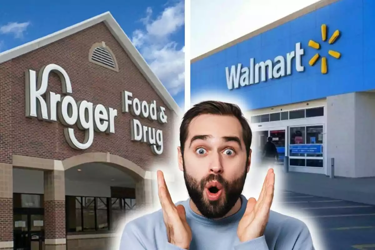 Un hombre con expresión de sorpresa está frente a las fachadas de dos tiendas, una de Kroger y otra de Walmart.