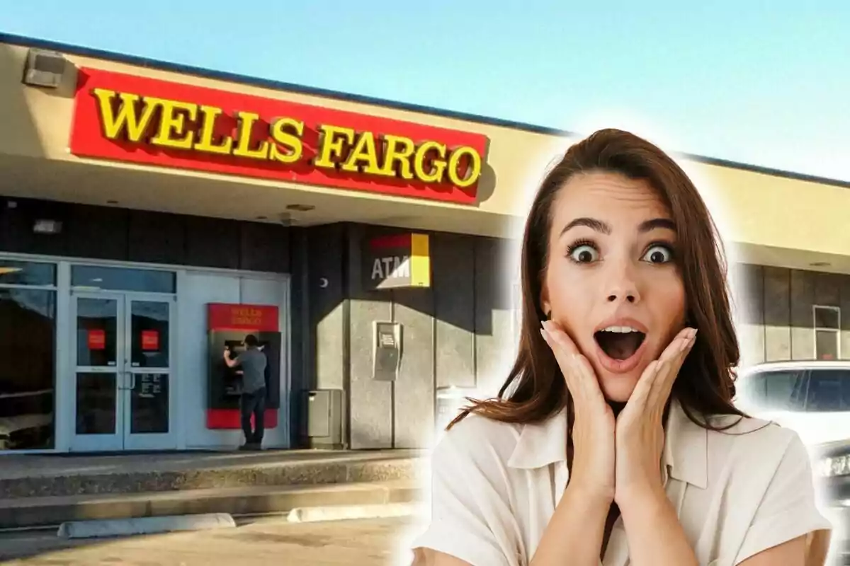 A woman surprised in front of a Wells Fargo bank with a person using an ATM.