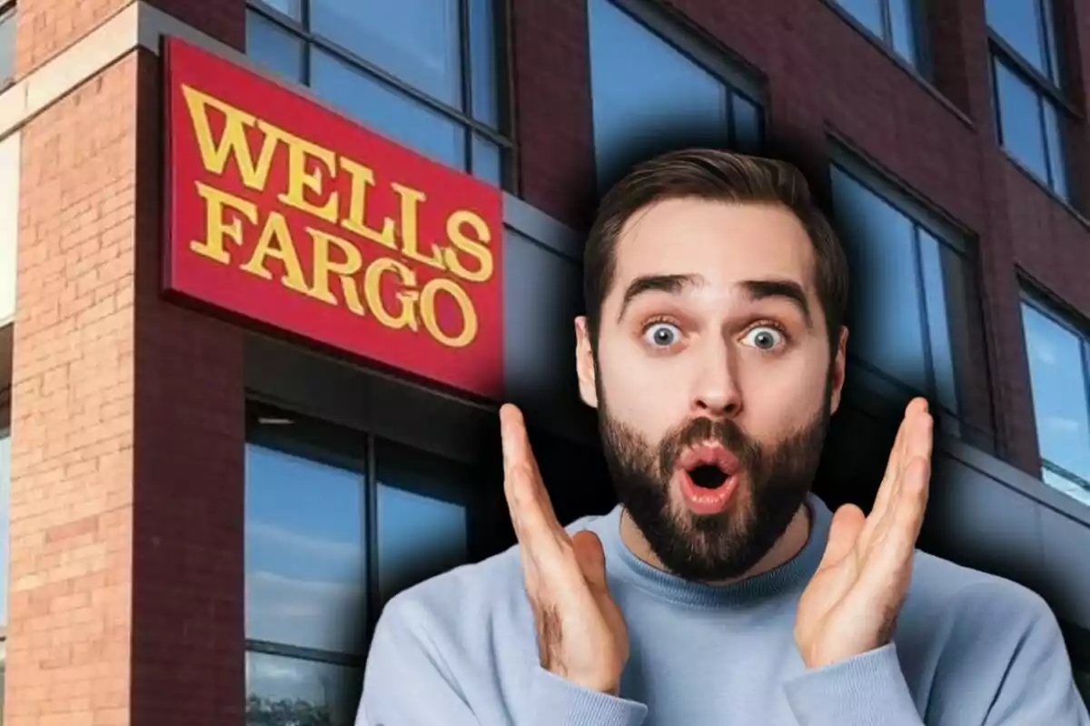 Un hombre con expresión de sorpresa frente a un edificio con el logo de Wells Fargo.