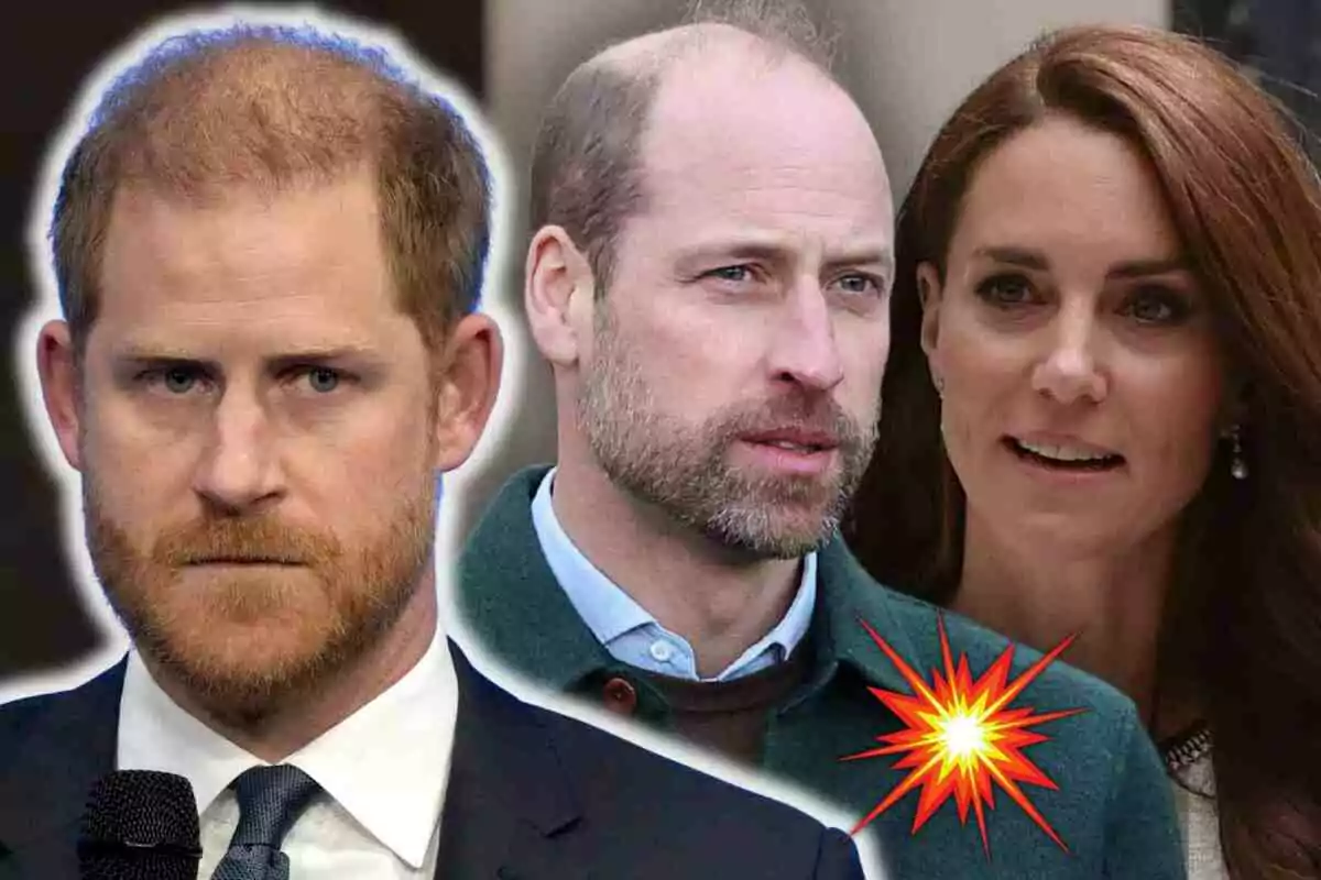 El príncipe Harry, el príncipe Guillermo y Kate Middleton con expresiones serias y un gráfico de explosión en la esquina inferior derecha.