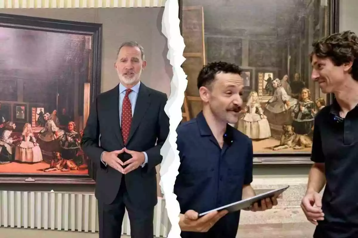 Dos hombres y el rey Felipe VI posan en dos escenarios diferentes frente al famoso cuadro Las Meninas de Velázquez, separados por un efecto visual de rasgado en el centro de la imagen Dos hombres y el rey Felipe VI posan en dos escenarios diferentes frente al famoso cuadro Las Meninas de Velázquez, separados por un efecto visual de rasgado en el centro de la imagen