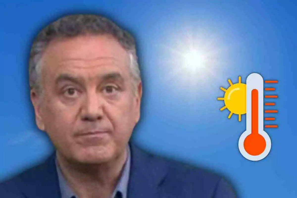 Roberto Brasero con cabello canoso con expresión seria sobre fondo azul, junto a un sol brillante y un icono de termómetro indicando altas temperaturas