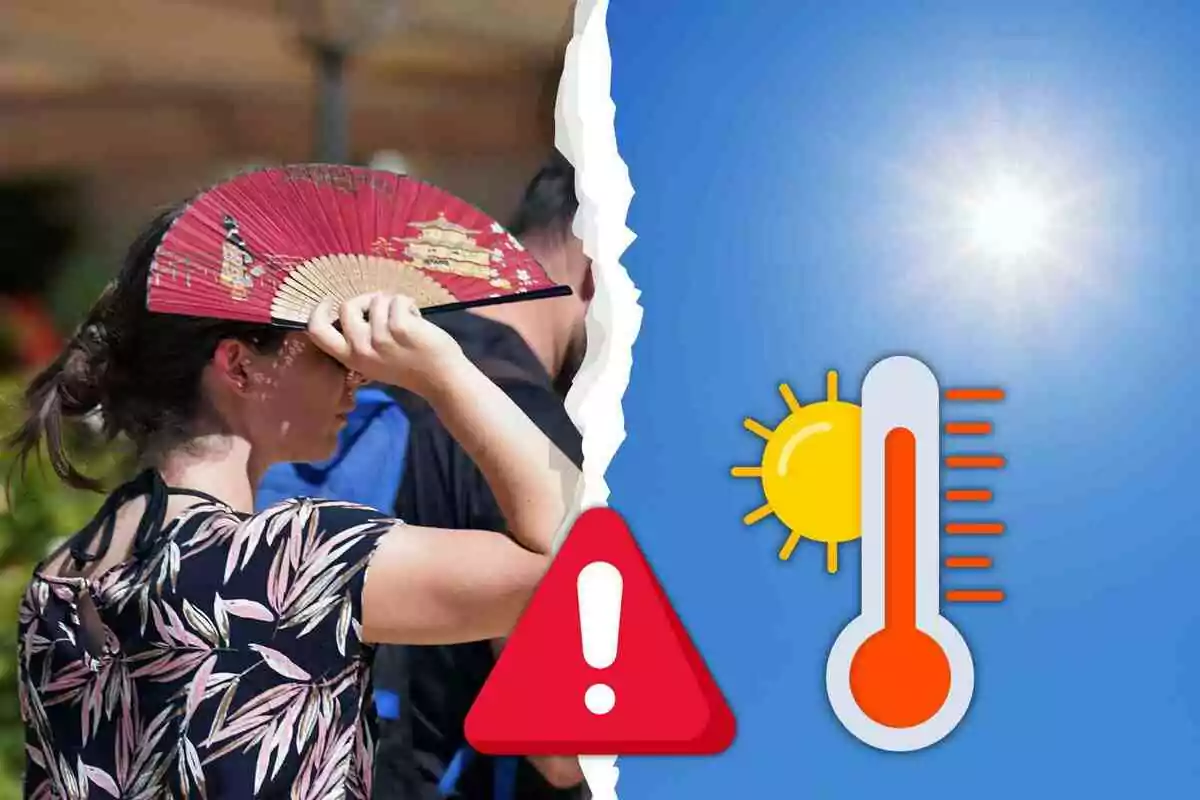 Mujer usando un abanico para protegerse del sol junto a un gráfico de termómetro alto y un símbolo de advertencia por calor extremo