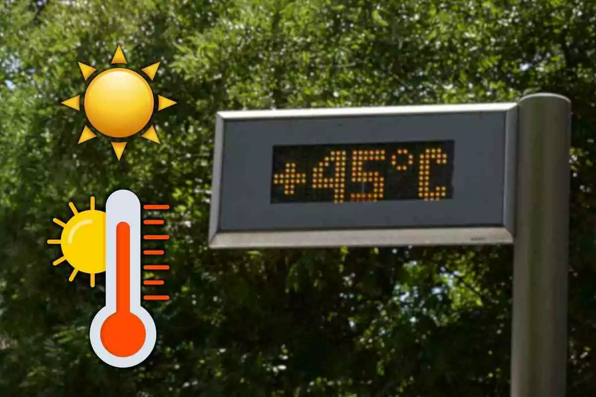Termómetro digital en la calle marcando 45 grados centígrados con árboles de fondo y dibujos de sol y calor.