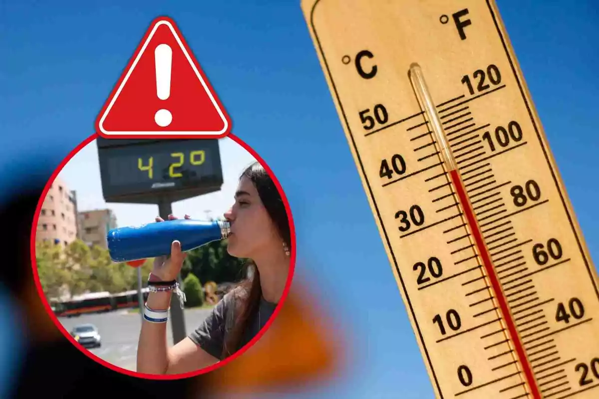 Termómetro marcando alta temperatura junto a una señal de advertencia y una persona bebiendo agua en un día caluroso