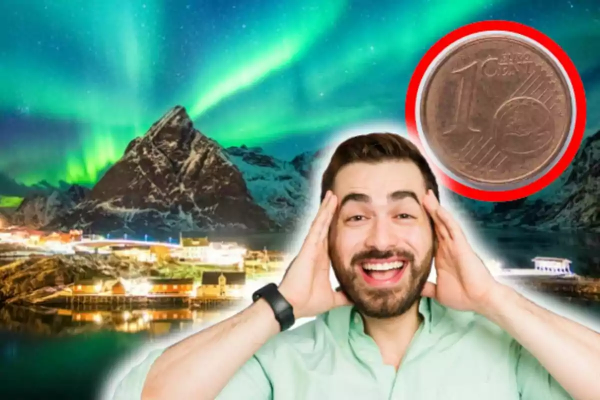 Hombre sonriente con fondo de auroras boreales y una moneda de un céntimo.