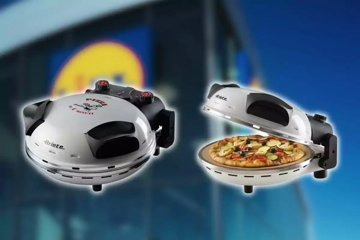 Horno eléctrico para pizzas de Lidl con diseño moderno y una pizza cocinándose en su interior. Horno eléctrico para pizzas de Lidl con diseño moderno y una pizza cocinándose en su interior.