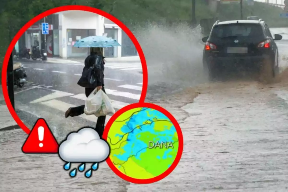 Una persona con paraguas cruza una calle bajo la lluvia mientras un coche salpica agua en un día lluvioso con iconos de advertencia de clima y un mapa meteorológico que alerta de la llegada de una DANA.