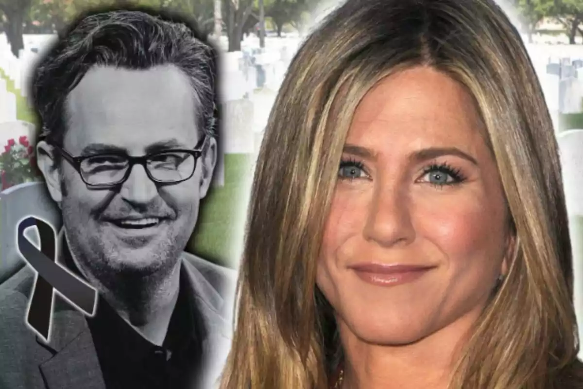 Montaje de fotos de primer plano de Jennifer Aniston y Matthew Perry con rostro neutro.