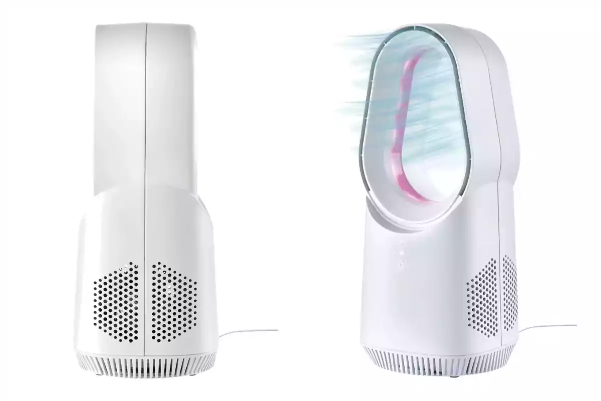 Montaje de fotos de un ventilador sin aspas de color blanco de Lidl visto desde dos ángulos diferentes. Montaje de fotos de un ventilador sin aspas de color blanco de Lidl visto desde dos ángulos diferentes.