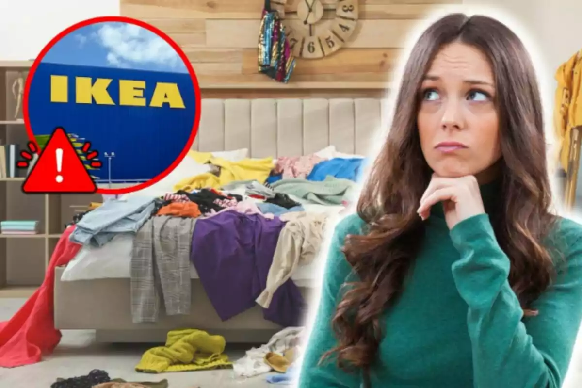 Una mujer con expresión pensativa frente a una cama desordenada llena de ropa y un símbolo de advertencia junto al logo de Ikea.