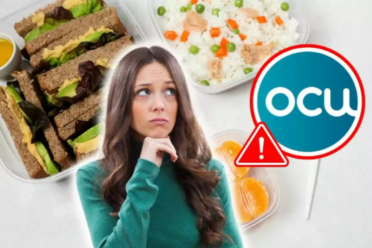 Una mujer pensativa aparece junto a imágenes de comida como sándwiches y arroz, con el logo de OCU y un símbolo de advertencia.