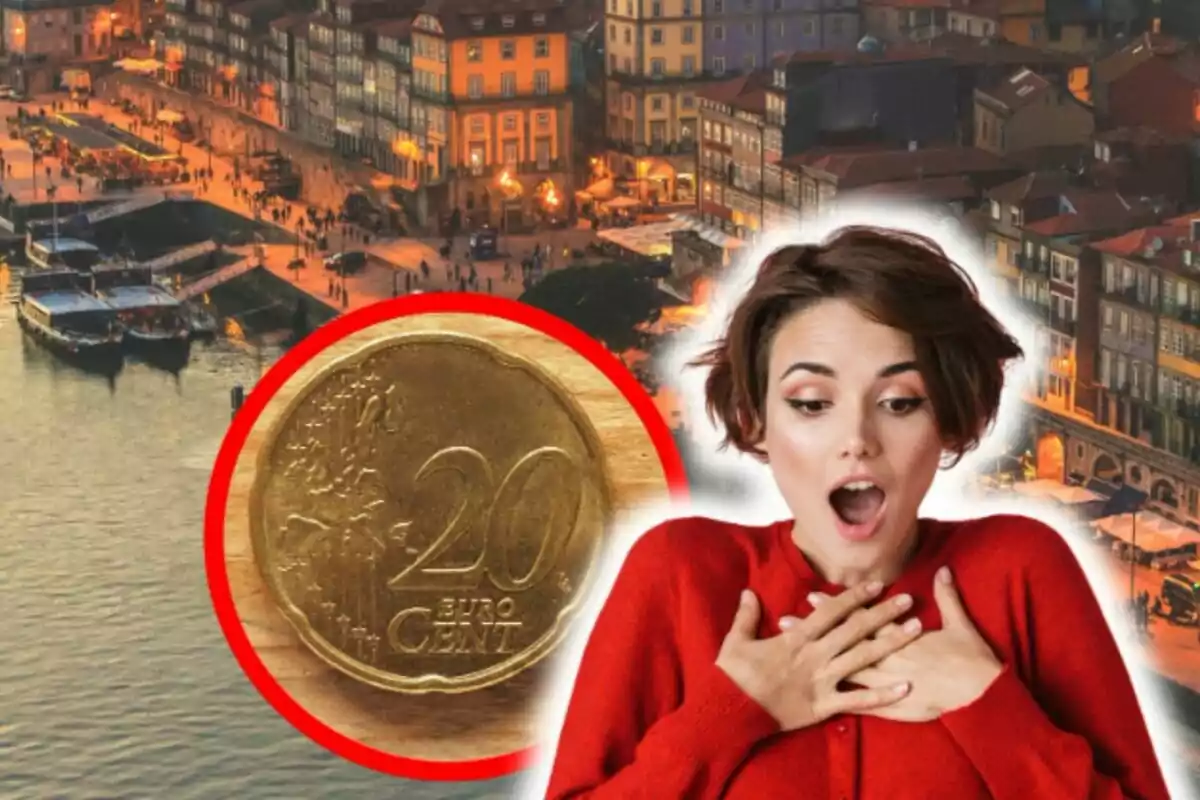 Una mujer sorprendida con una moneda de 20 céntimos de euro en primer plano y un paisaje urbano iluminado al fondo.