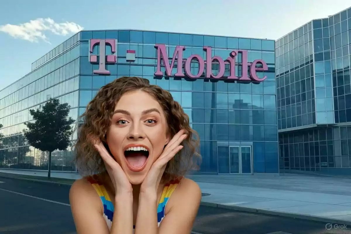 Una mujer sonriente con expresión de sorpresa frente a un edificio de T-Mobile.