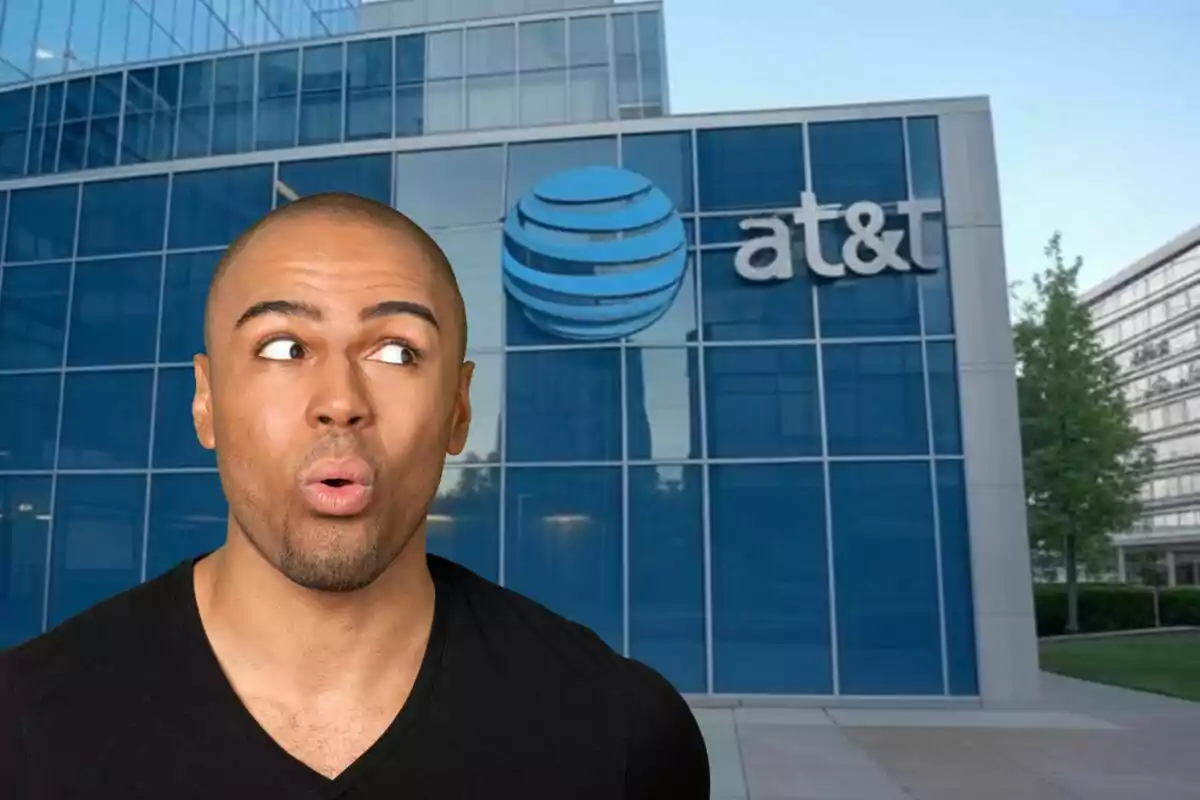 Un hombre con expresión de sorpresa frente a un edificio de AT&T. Un hombre con expresión de sorpresa frente a un edificio de AT&T.