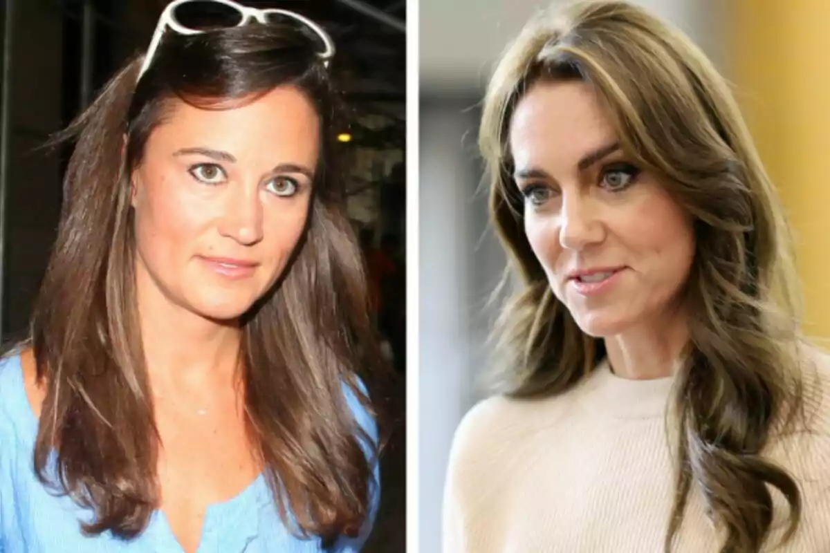 Dos mujeres con cabello castaño posan en fotos separadas, Pippa Middleton lleva gafas de sol sobre la cabeza y viste una blusa azul, mientras que la otra, Kate Middleton lleva un suéter claro. Dos mujeres con cabello castaño posan en fotos separadas, Pippa Middleton lleva gafas de sol sobre la cabeza y viste una blusa azul, mientras que la otra, Kate Middleton lleva un suéter claro.