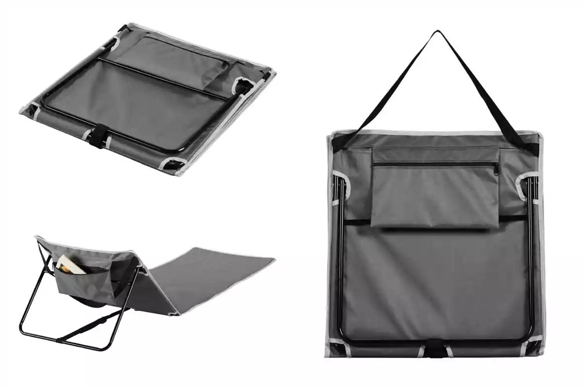 Una silla plegable portátil de color gris de Lidl con estructura de metal negro, que incluye un bolsillo para almacenamiento y una correa para facilitar su transporte. Una silla plegable portátil de color gris de Lidl con estructura de metal negro, que incluye un bolsillo para almacenamiento y una correa para facilitar su transporte.