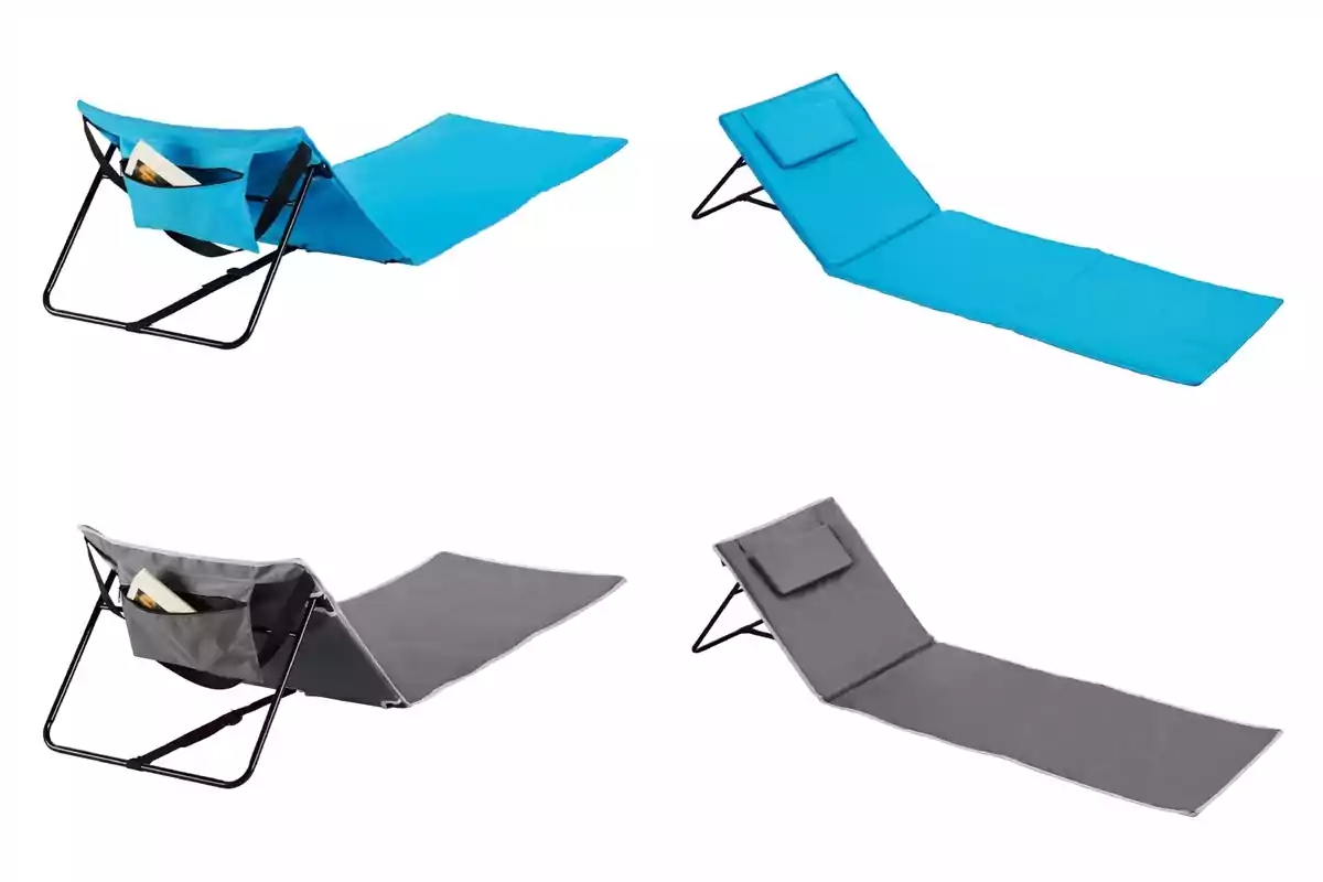 Cuatro tumbonas plegables en colores azul y gris de Lidl, con estructura de metal y bolsillos laterales. Cuatro tumbonas plegables en colores azul y gris de Lidl, con estructura de metal y bolsillos laterales.