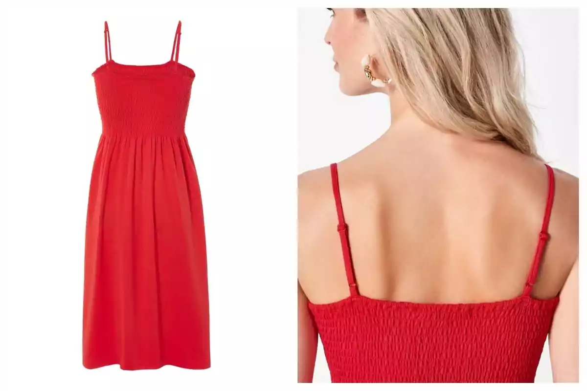 Vestido rojo con tirantes finos y detalle fruncido en la parte superior de Lidl, acompañado de una vista trasera de una persona luciendo el vestido. Vestido rojo con tirantes finos y detalle fruncido en la parte superior de Lidl, acompañado de una vista trasera de una persona luciendo el vestido.