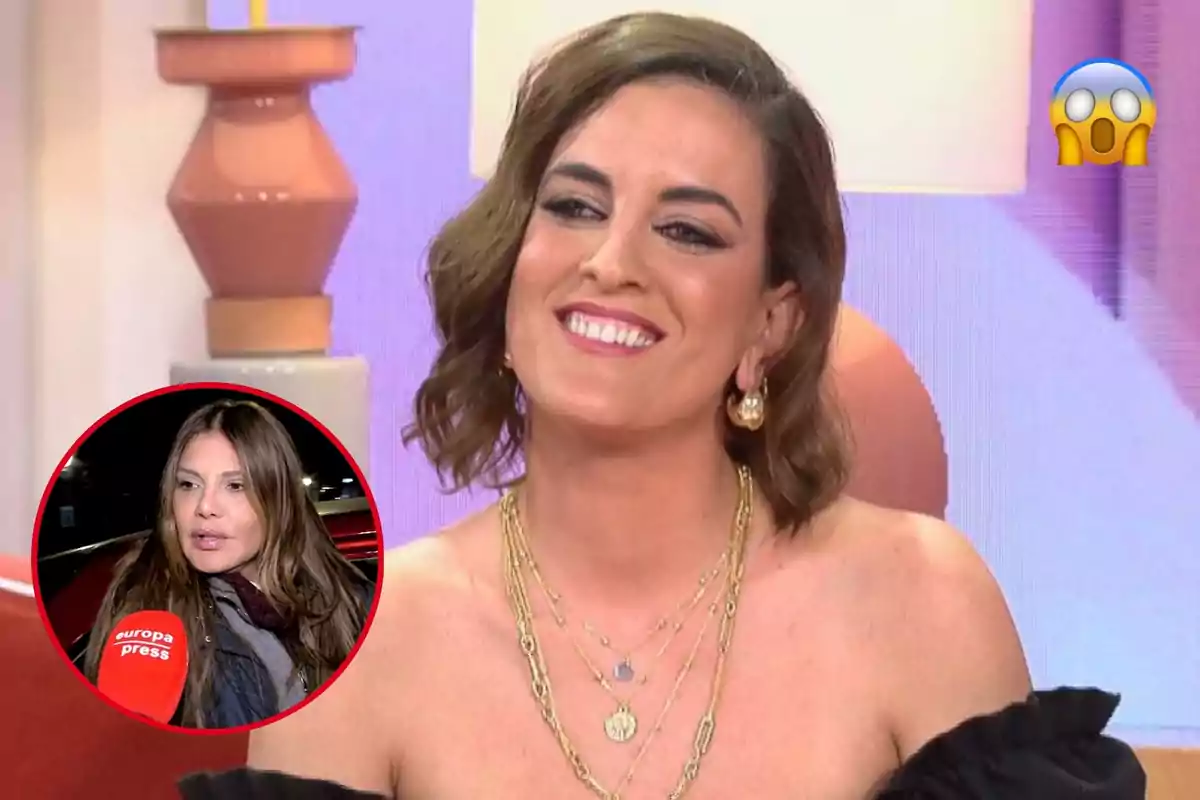 Una mujer sonriente con cabello corto y joyas doradas está en un estudio de televisión, mientras que en un recuadro pequeño aparece otra mujer con un micrófono de prensa.