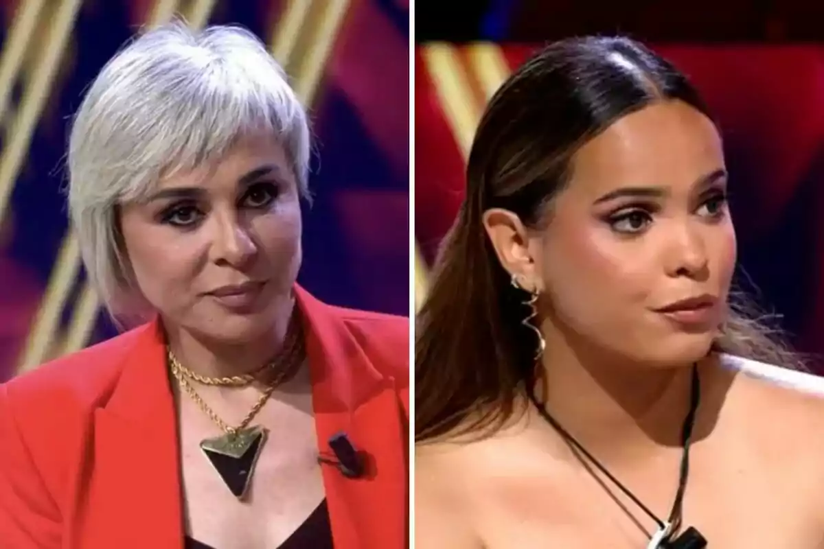 Ana María Aldón y Gloria Camila en un programa de televisión, una con cabello corto y rubio, vistiendo un blazer rojo y collar dorado, y la otra con cabello largo y oscuro, usando un collar negro y pendientes llamativos, ambas con expresiones serias. Ana María Aldón y Gloria Camila en un programa de televisión, una con cabello corto y rubio, vistiendo un blazer rojo y collar dorado, y la otra con cabello largo y oscuro, usando un collar negro y pendientes llamativos, ambas con expresiones serias.