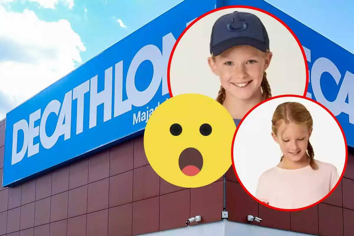 Una tienda de Decathlon con dos imágenes de una niña en círculos rojos y un emoji sorprendido en el centro.