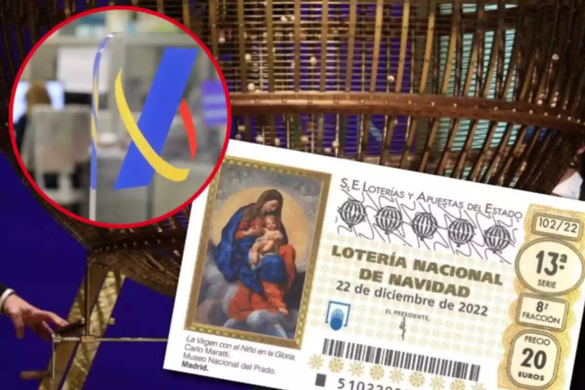 Montaje con el bombo del Sorteo de la Lotería de Navidad de fondo, un décimo y un círculo con el logo en una oficina de la Agencia Tributaria