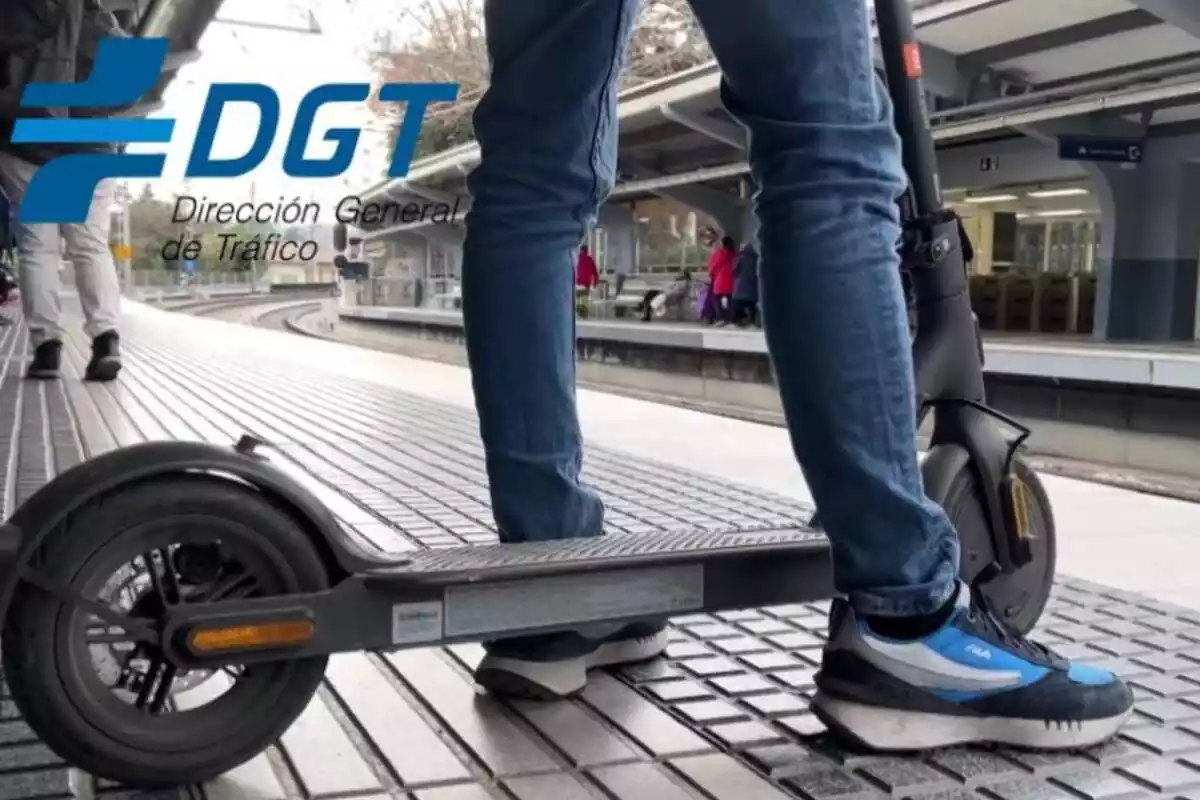 Montaje de un patinete eléctrico y el logo de la DGT