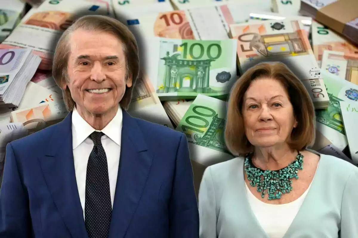 Raphael y Natalia Figueroa posan frente a un fondo de billetes de euro.