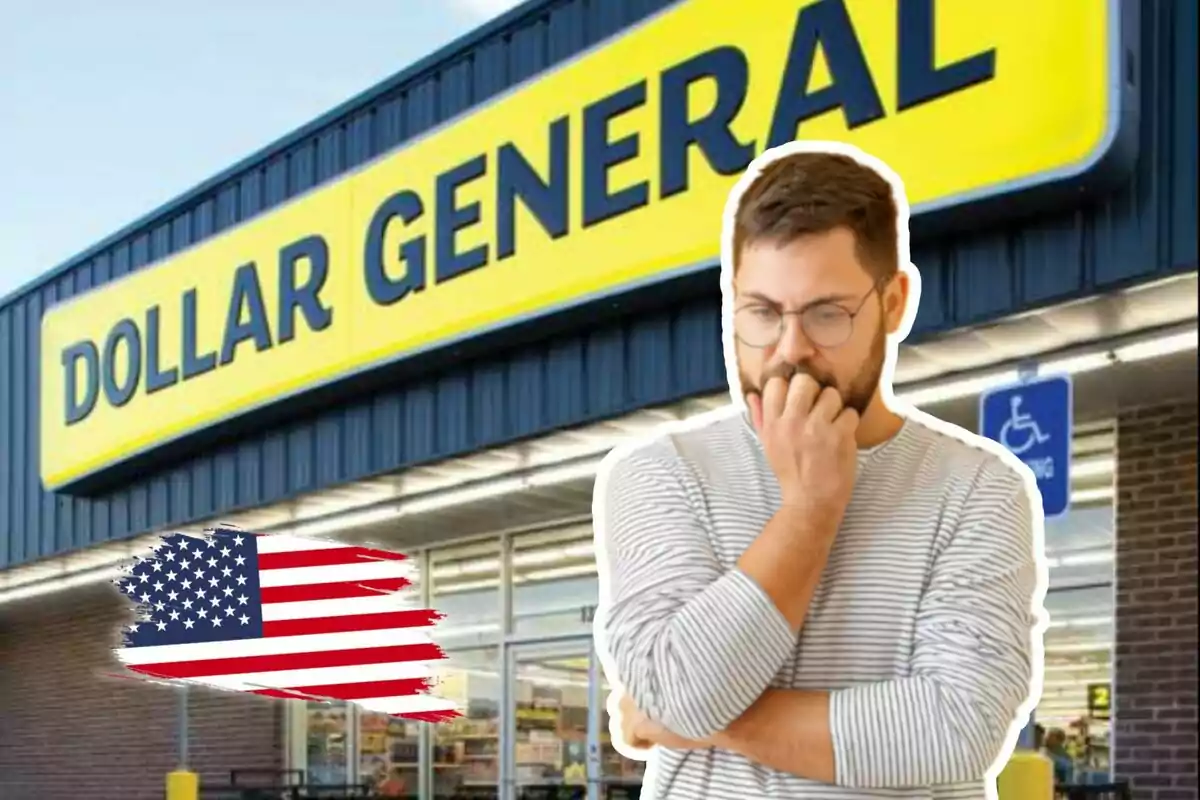 Un hombre pensativo frente a una tienda Dollar General con una bandera de Estados Unidos en primer plano. Un hombre pensativo frente a una tienda Dollar General con una bandera de Estados Unidos en primer plano.