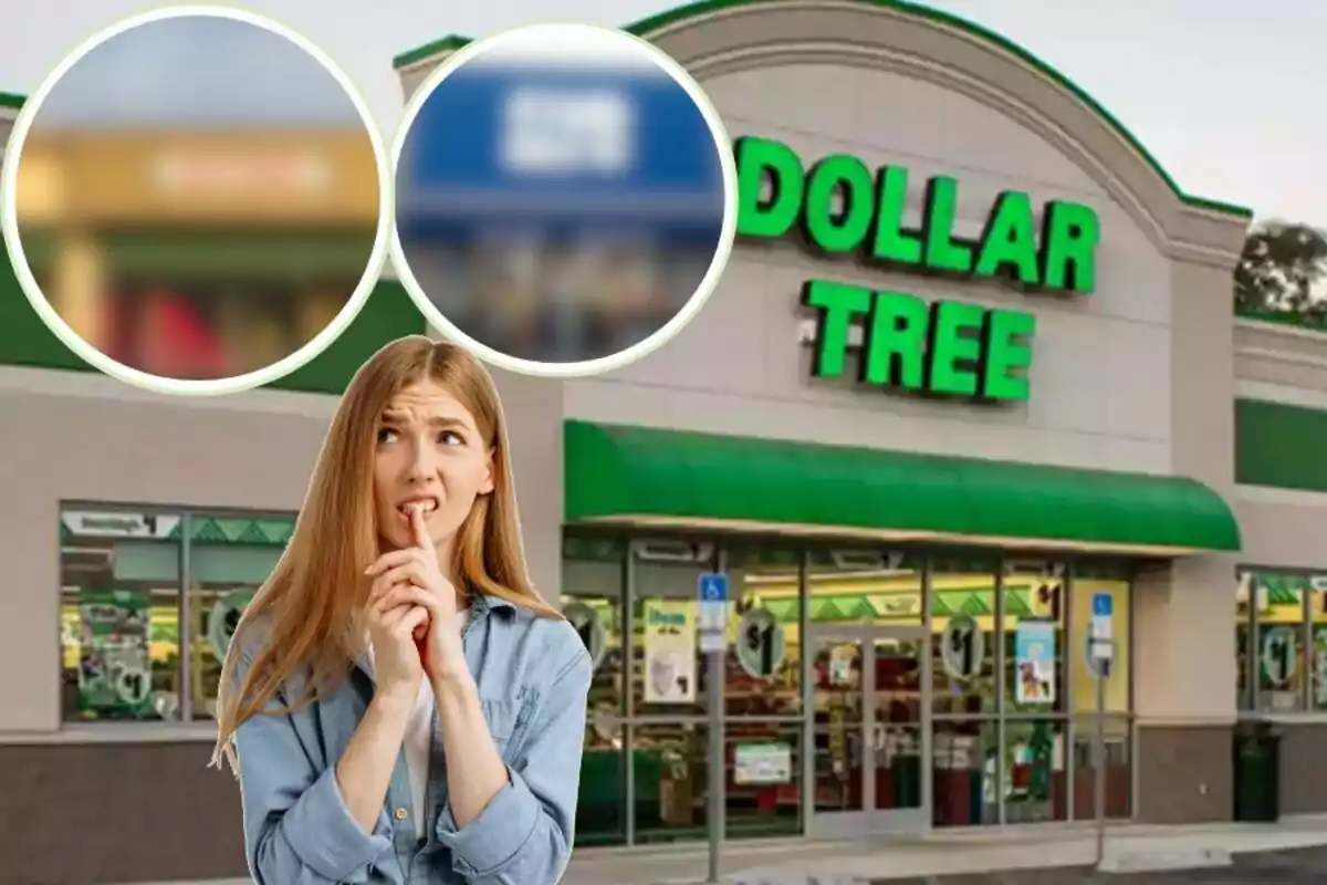 Mujer pensativa frente a una tienda Dollar Tree con dos círculos desenfocados en la parte superior que muestran otras fachadas de tiendas.