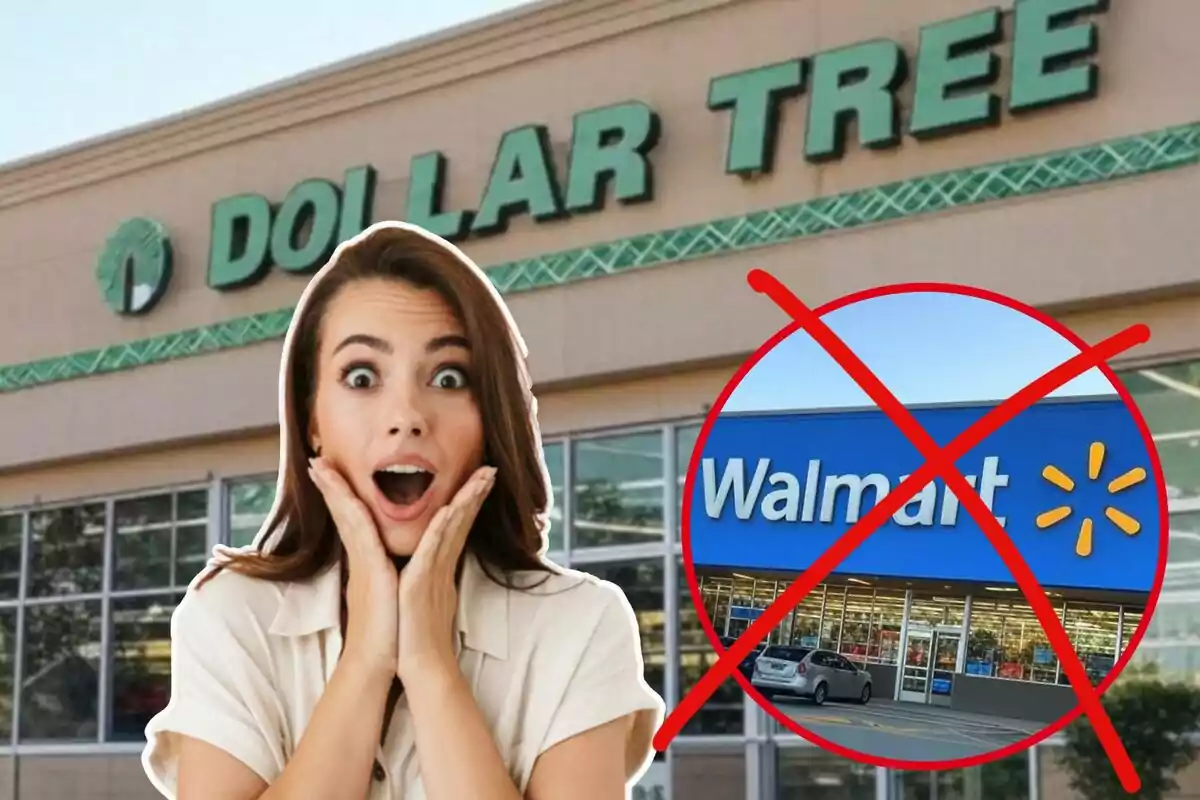 Una mujer con expresión de sorpresa frente a una tienda Dollar Tree, con un símbolo de prohibición sobre una imagen de Walmart.