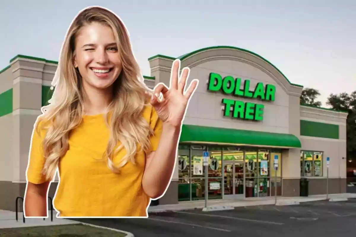 Mujer sonriente con camiseta amarilla haciendo el gesto de ok frente a una tienda Dollar Tree