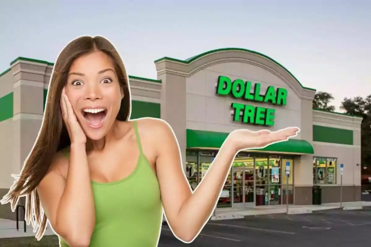 Mujer sonriente y sorprendida con camiseta verde frente a una tienda Dollar Tree