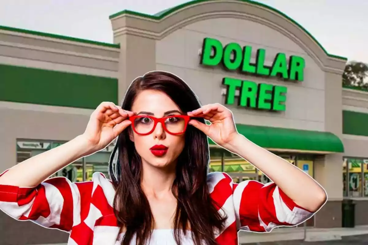 Mujer con gafas rojas y expresión sorprendida frente a una tienda Dollar Tree