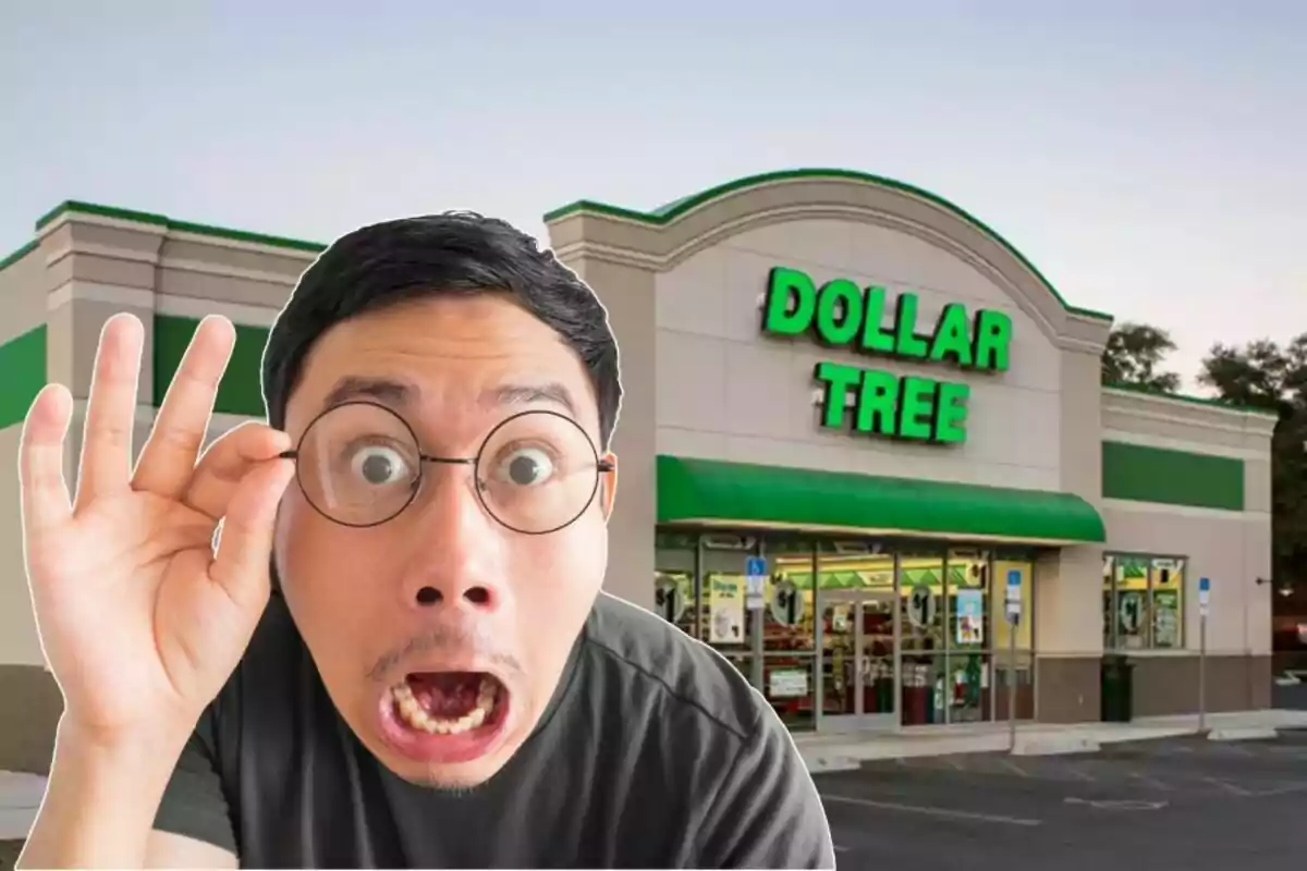 Man with a surprised expression and glasses in front of a Dollar Tree store