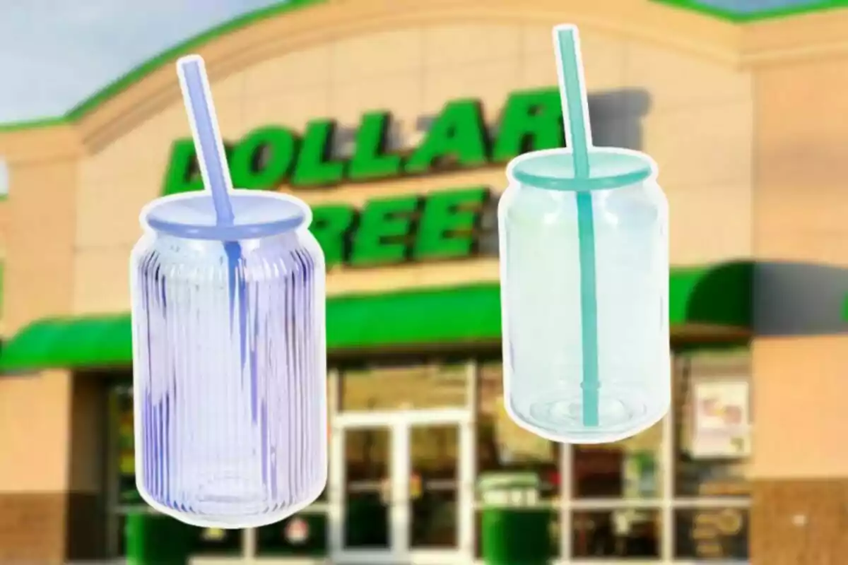 Two glass cups with straws in front of a blurred Dollar Tree store