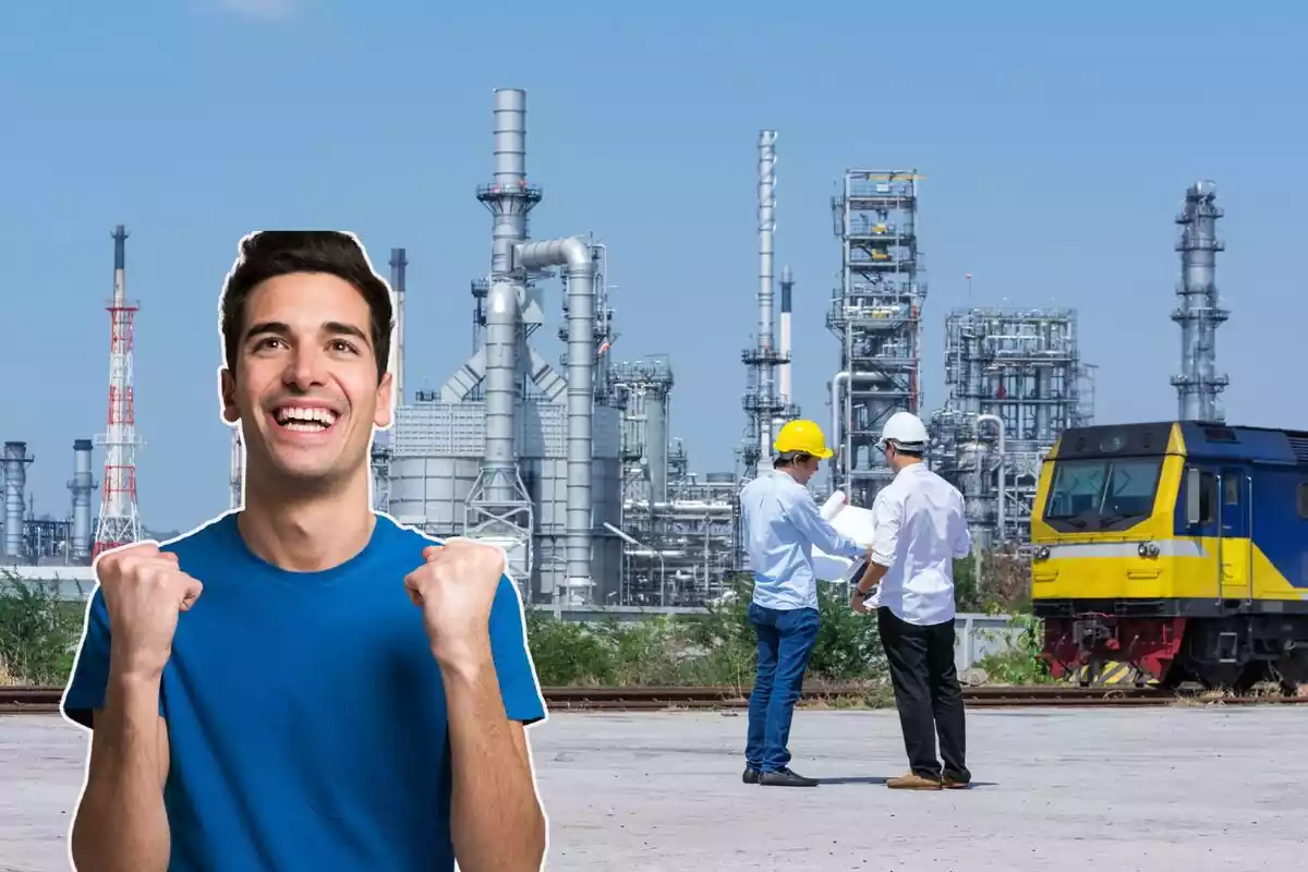 Unos obreros revisan documentos delante de una refinería, y a la izquierda, un hombre con los brazos en algo en señal de felicidad Unos obreros revisan documentos delante de una refinería, y a la izquierda, un hombre con los brazos en algo en señal de felicidad