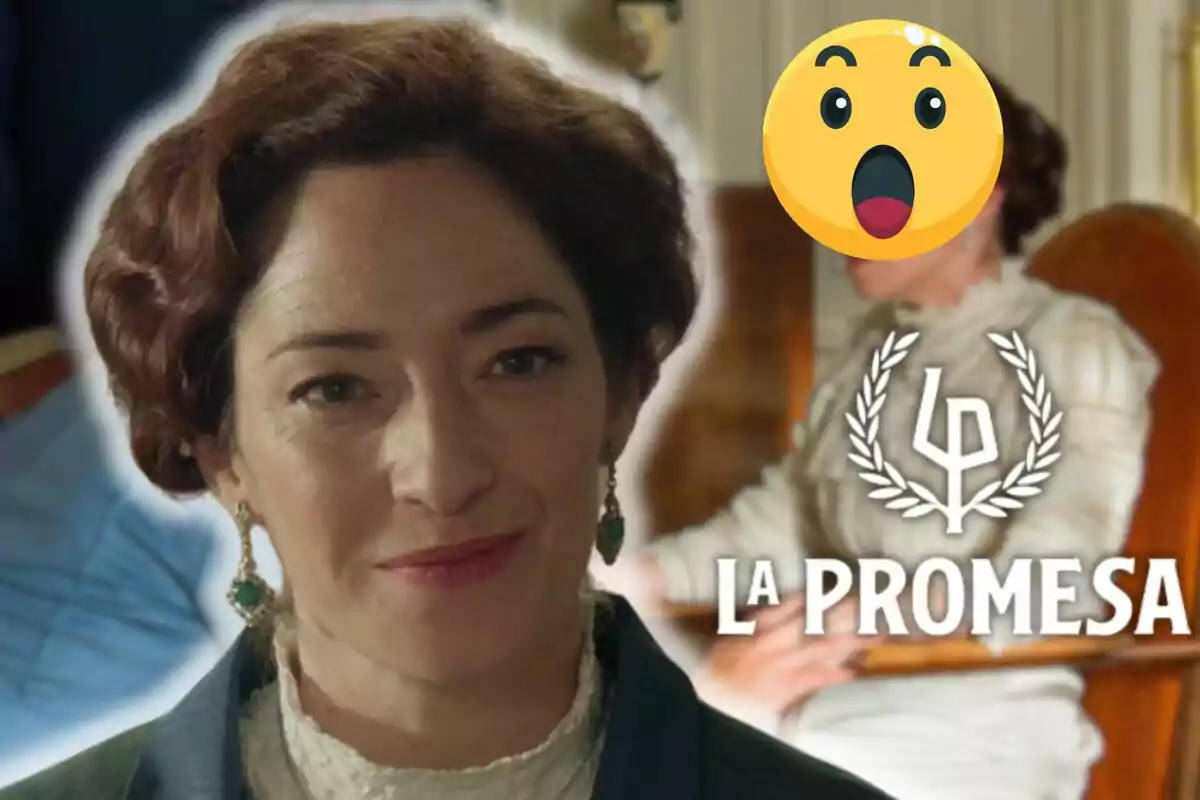 Alicia Moruno con pendientes verdes sonríe frente a la cámara, mientras que en el fondo se ve a otra persona con un emoji sobre su rostro y el texto "La Promesa".