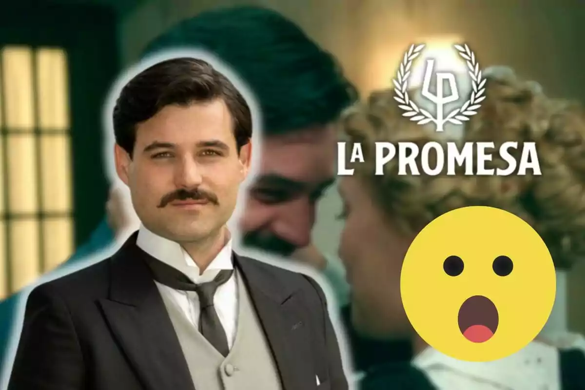 Arturo Sancho con bigote y traje aparece en primer plano con el título "La Promesa" al fondo y un emoji sorprendido en la esquina inferior derecha.