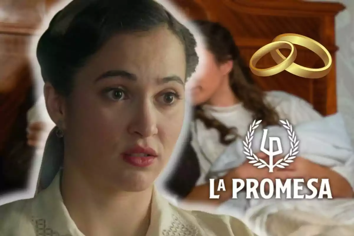 Carmen Asecas con expresión seria en primer plano, detrás otra mujer sostiene a un bebé, hay dos anillos dorados y el texto "La Promesa".
